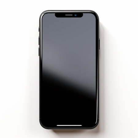 Black smartphone with blank screen isolated on white background. 3d renderの素材