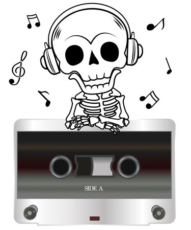 Cute skull put on music headphones, singing smiling greetings leaning on vintage style tape.のイラスト素材