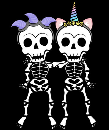 Couple in love skull hugging. Invite each other out for a Halloween night party. Put a headband into a purple horn and unicorn horn. For those who love fun but secretly have a sweeのイラスト素材
