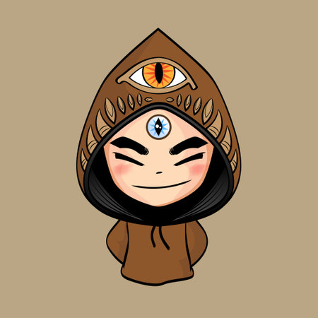 A cute ghost mask wearing a painted brown hoodie with eye pattern above the forehead is like a magician. Let's celebrate a fun night on Halloween night. For a gift for boys, girls,のイラスト素材