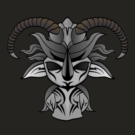 Cute ghost dressed wearing a black gray fancy robe. It has long curved horns on top of its head.のイラスト素材