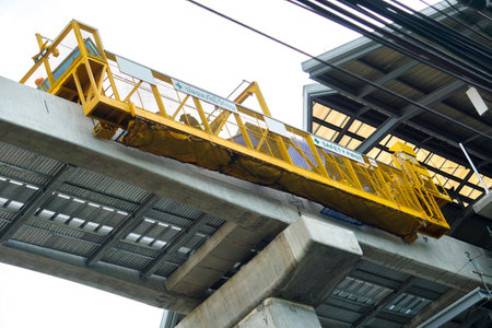 August 4 2022: A construction site of new projects of traffic bridge and tracks and columns of...