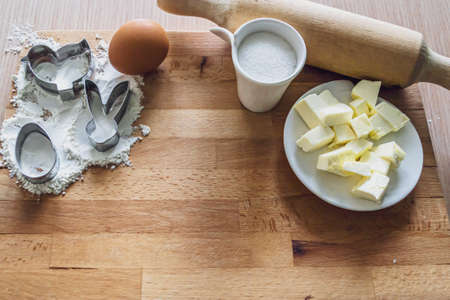 Ingredients and more for the baking process at home. Making Easter cookies step-by-step Instruction step 1.の写真素材
