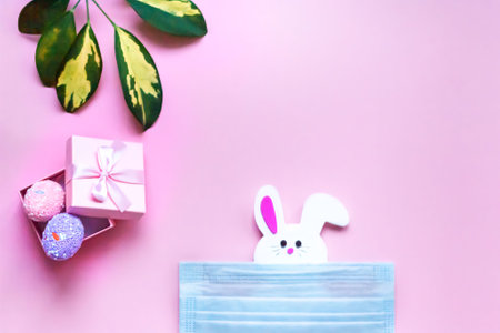 Flat lay easter pink background with bunny in medical mask and painted eggs in gift box.の写真素材