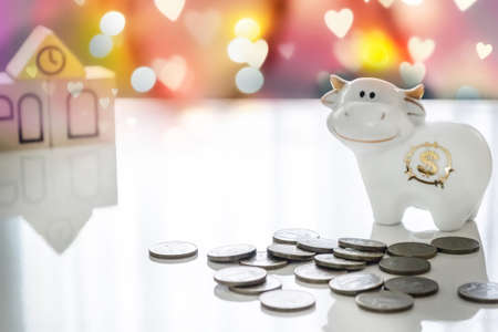 Money accumulation concept. Dreams of buying a home. The bull is the symbol of the year 2021 with a dollar sign on the belly, a lot of iron coins, a light background with bokeh.の写真素材