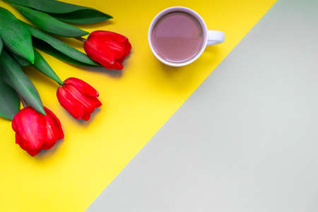 Flat lay greeting card for mothers day, international womens day. Fresh red tulips and a cup of coffee on a yellow and gray background with place for your text.の写真素材