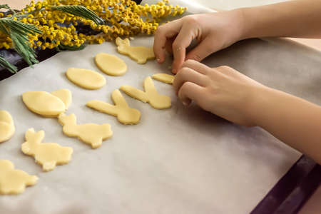 Step-by-step instructions for baking Easter cookies. The child's hands lay out ready-made bunny and...
