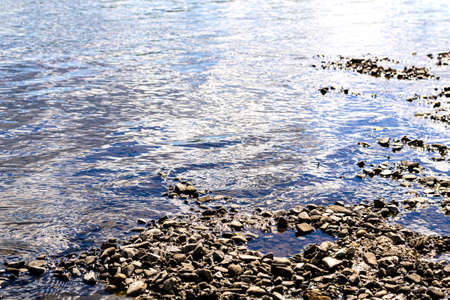 Natural background river summer landscape, pebbles, sun glare.の写真素材