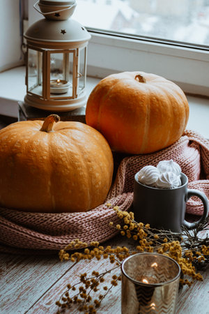 Autumn still life celebrating Halloween or Thanksgiving, ripe orange pumpkins and lantern with candles on the table near the windowsill, vertical photo.の写真素材