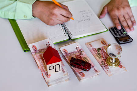 The concept of budgeting and savings for the purchase of a house, car and travel.