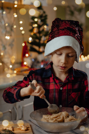 Boy in a New Year's cap preparing christmas gingerbread cookies in the home kitchen, vertical photo.の写真素材