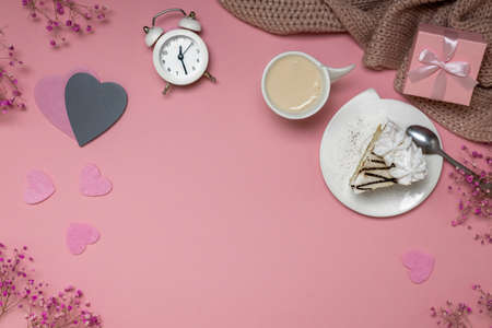 Flat lay valentine's day copy space, sweets and hearts on pink background.の写真素材
