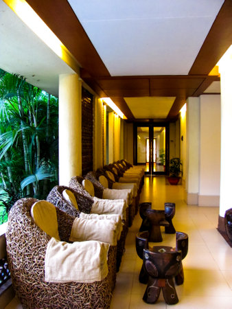 Corridor of a resort filled with wooden, organic, handmade furnitureのeditorial素材