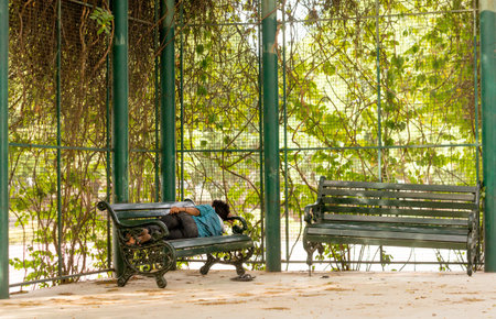 Gurgaon India 23rd May 2015: Man sleeping on a park bench in the shade of some plants. The summer heat has really hurt the homeless who have to find places to escape the scorching sunのeditorial素材