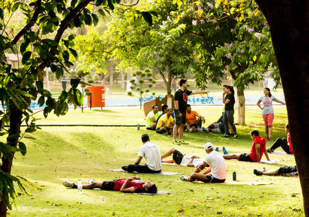 Gurgaon India 23rd May 2015: Young people enjoying an exercise class with yoga mats at the park in the morning. A lot of informal classes have started due the growing fitness trend and greater awareness of healthのeditorial素材
