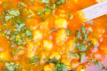 Indian dish of potatoes in a gravy garnished with coriander leaves and eaten with flat bread, roti.の写真素材