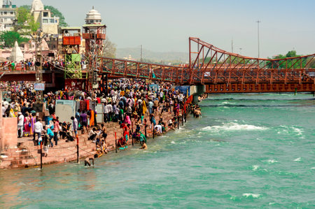 Haridwar, India - 2nd Apr 2017 : Crowds on the banks of the river Ganga at Har ki Pauri. This is one...
