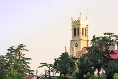 Christ church in shimla shot against a cloudy sky during a beautiful morning. This famous landmark on the ridge is one of the most well know place in this tourist vacation spotの写真素材
