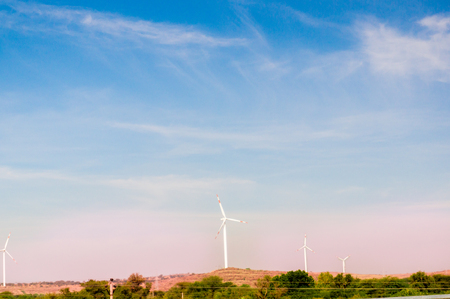 Windmills in the desert of Rajasthan near Jaisalmerの写真素材