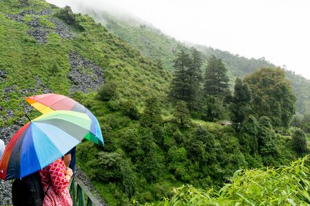 Young indian girl looking towards the beautiful plant covered foggy cloudy hills in himachal pradeshの写真素材