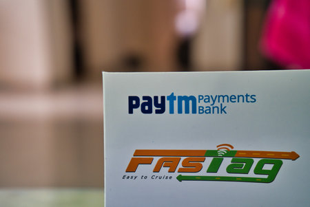 Gurgaon - India, Circa 2019: Photograph of Fast Tag provided by PayTM pament bank. Fast tag is...