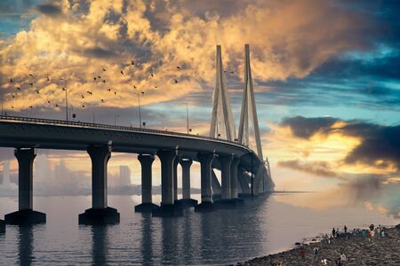 The bandra worli sea link shot at dusk in mumbai a famous landmark that connects the cityの写真素材
