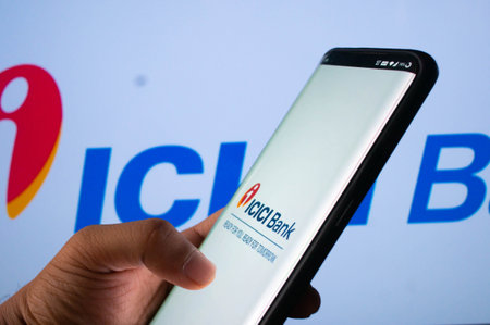 Jaipur, India, Circa 2020 - A mobile logged into the ICICI bank mobile application infront of the...