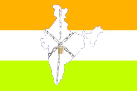 Illustration of the Indian map under lock and chains to signify the countrywide lockdown in Indiaの写真素材