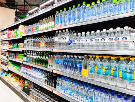 Gurgaon, Delhi, India - circa 2020 : Shelves filled with multiple options of bottled water from catch, vedica, smart water, liquid and more from all over the world with multiple benefits. Retail stores like le marche spencers modern bazaar offer a wide vaのeditorial素材