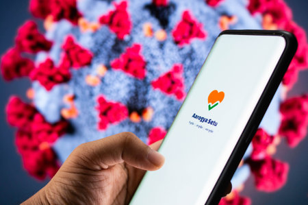 Jaipur, India , Circa 2020 - Aarogya Setu app, an app developed by government of India to track the...