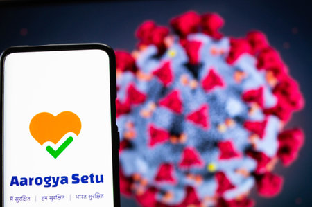 Jaipur, India , Circa 2020 - Aarogya Setu app, an app developed by government of India to track the...