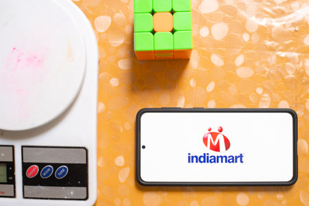 Indiamart intermesh B2B marketplace IPO company in India with digital weighing scale and rubiks cube showing the puzzle of business to business shoppingのeditorial素材