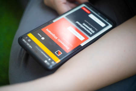 yellow and red screen giving an option of international and domestic shipment on a mobile phone for small businesses logistics and dropshippingの写真素材