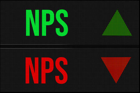 NPS national pension system on LED board with arrows pointing up and down showing movement in stocck market, investment, saving affecting personal financeの写真素材