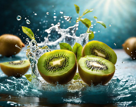 Close-up of a fresh kiwi fruit with water splash.の素材