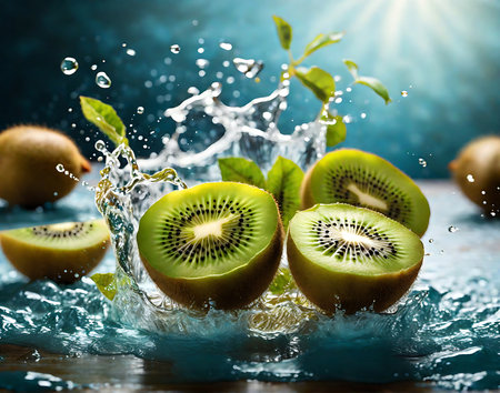 Close-up of a fresh kiwi fruit with water splash.