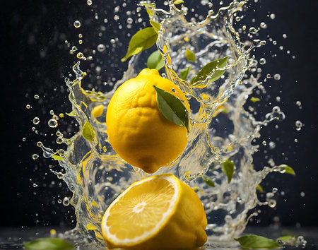 Fresh lemons with water splash on black background. Citrus fruit.の素材