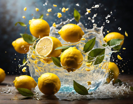 Fresh lemons with water splash on dark background. Citrus fruit.の素材