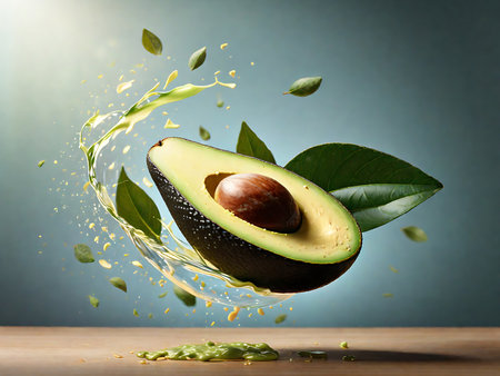 Avocado with leaves and seeds on a dark background. Healthy food.の素材