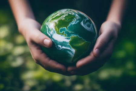 Hands holding earth globe on nature background. save the planet concept.の素材