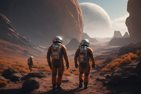 Space Odyssey Exploration, Astronauts navigating a distant alien planet, futuristic landscape, sci-fi, otherworldly, high-tech suits, atmospheric lighting.の素材