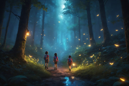 Enchanted Forest Adventure, A group of children exploring a magical forest with glowing fireflies, whimsical creatures, and hidden pathways.の素材