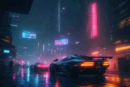 Cyberpunk Cityscape, Neon-lit cyberpunk city skyline with futuristic skyscrapers and flying vehicles, dystopian, night scene, rain-soaked streets.の素材