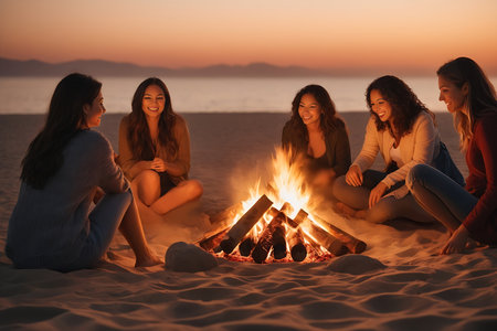 Group of young women sitting near bonfire on beach at sunset. Camping on the beach.の素材