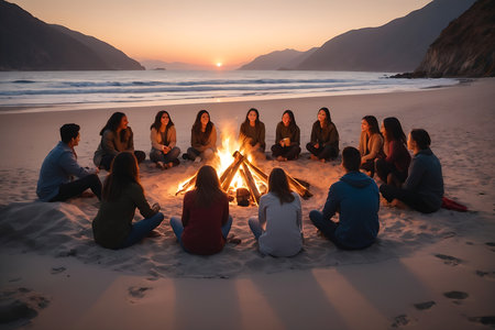 Group of friends sitting around a bonfire on the beach at sunset.の素材