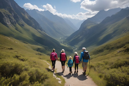 Family hiking in the mountains on a sunny day. They are looking at the beautiful landscape.の素材