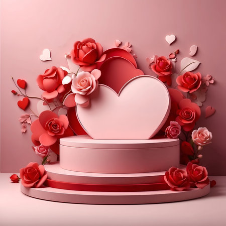 3d render of round podium with red roses and hearts on pink backgroundの素材
