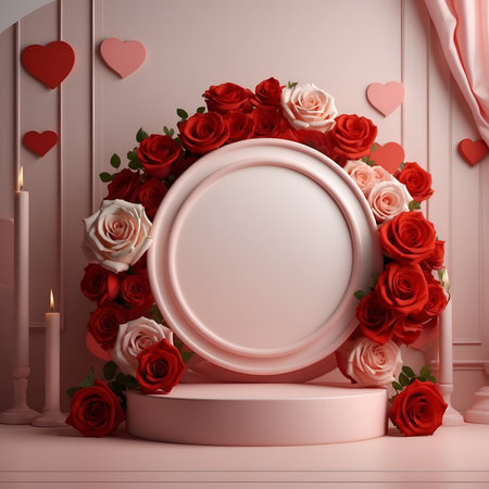 3d render of round podium with red roses and hearts on pink backgroundの素材