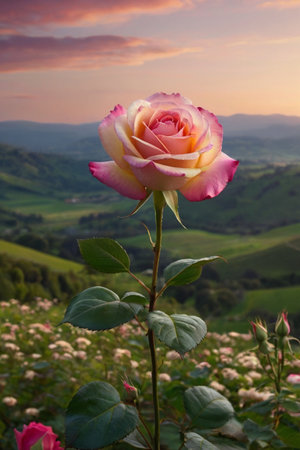 Beautiful pink rose on the garden background.の素材