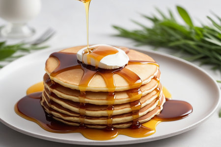 Pancakes with maple syrup and caramel on plate, closeupの素材